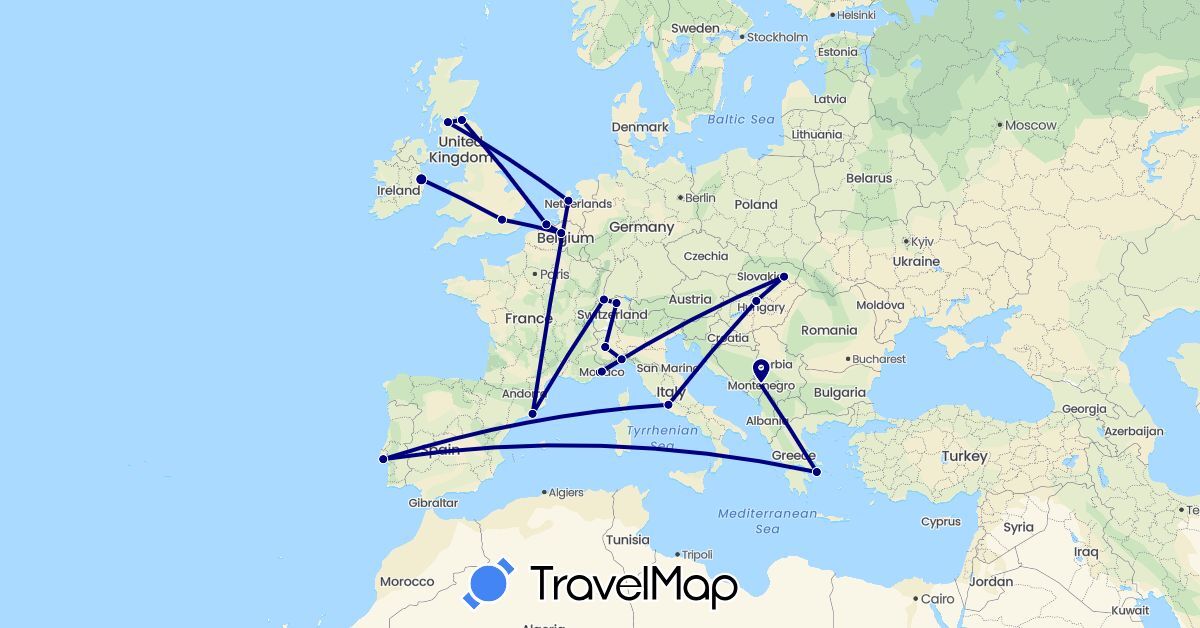 TravelMap itinerary: driving in Belgium, Switzerland, Spain, France, United Kingdom, Greece, Hungary, Ireland, Italy, Monaco, Montenegro, Netherlands, Portugal, Slovakia (Europe)